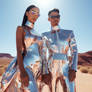 Couple wearing fashion clothes, futuristic style