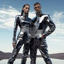 Couple wearing fashion clothes, futuristic style