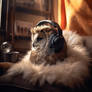 Cute owl with headphones in cozy room