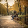 Beautiful autumn scenery. Man fishing from asphalt