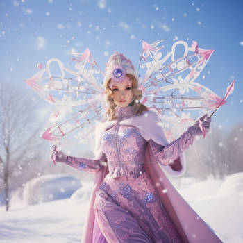 Beautiful snow maiden cosplay on winter scenery