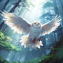White owl flying in the forest