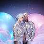 Couple in futuristic clothes, on another planet