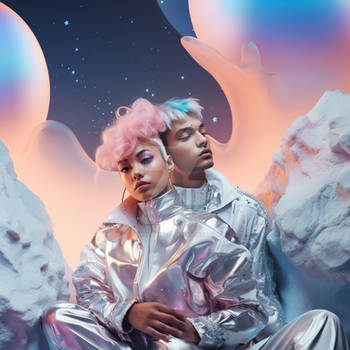 Couple in futuristic clothes, on another planet