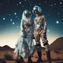 Couple in futuristic clothes, on another planet