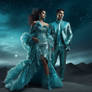 Couple in futuristic clothes, on another planet