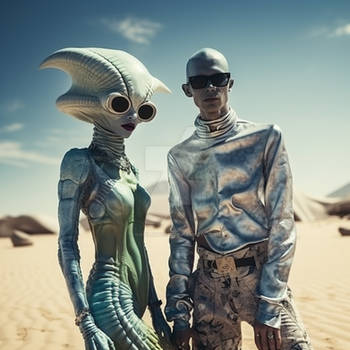 Alien couple in fashion clothes, on another planet