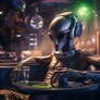 Alien listening music in headphones in night club