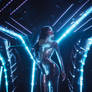 Woman in futuristic clothes on stage