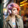 Girl with colourful hair, in headphones, in street