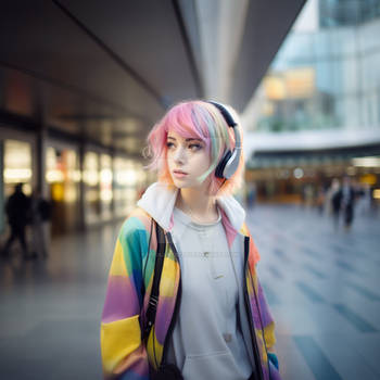 Girl with colourful hair, in headphones, in street