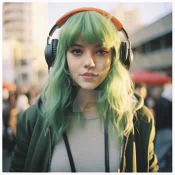 Girl with green hair, in headphones, street photo