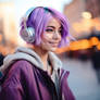 Girl with short purple hair, in headphones