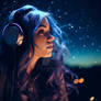 Girl with blue hair, on a background of starry sky