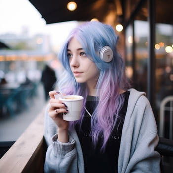 Girl listens music in headphones, in coffee house