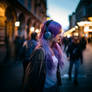Girl with purple hair, in headphones, street photo