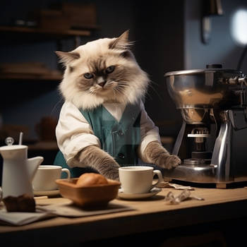 Ragdoll cat as a barista, making coffee