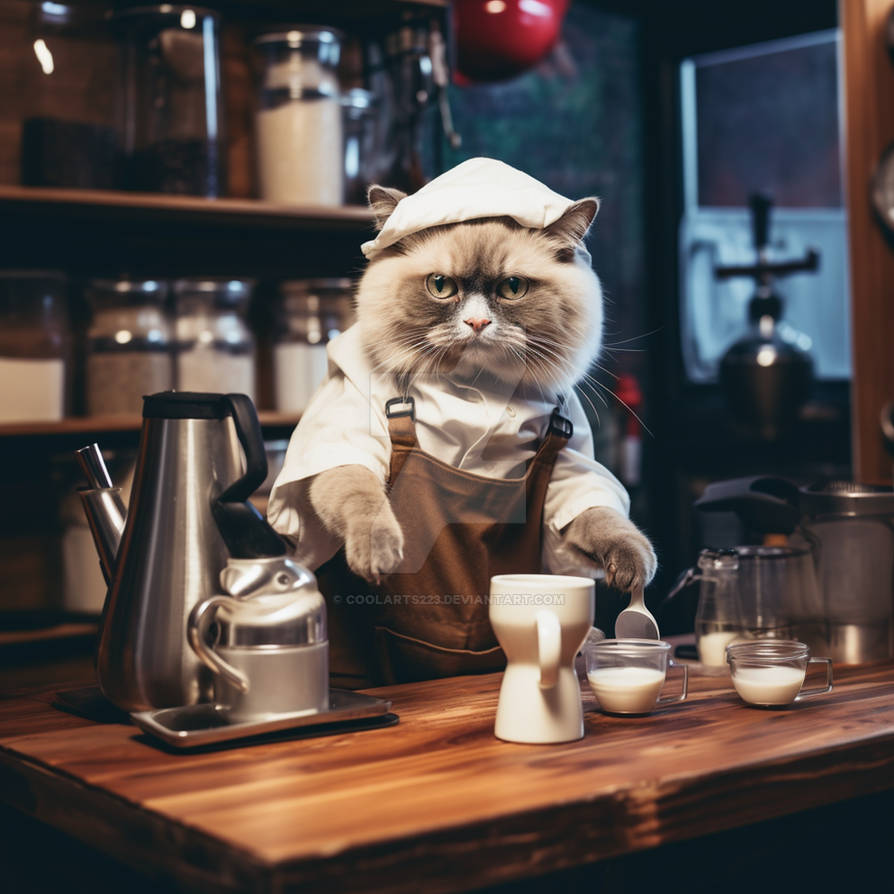 Ragdoll cat as a barista, making coffee by Coolarts223 on DeviantArt