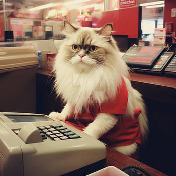 Ragdoll cat as a cashier, in grocery store
