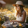 Girl sitting with laptop among flowers