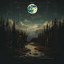 Mountainscape with forest and river under the Moon
