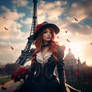 Miss Fortune and Eiffel tower on a background