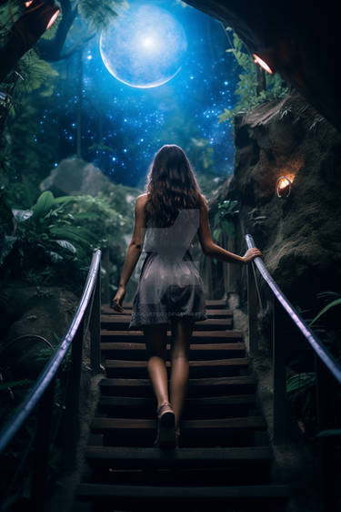 Woman walking up stairs, cosmic fantasy landscape