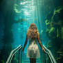 Woman walking up stairs underwater