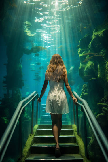 Woman walking up stairs underwater