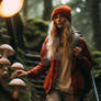 Woman walking down stairs with mushrooms in forest