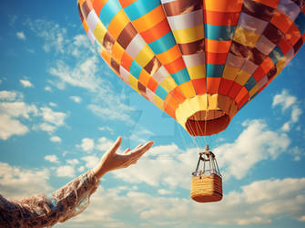 Hand of woman on background of sky and air balloon