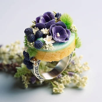 Jewelry ring with polymer cake and flowers