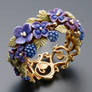 Fantasy golden ring with purple flowers and leaves