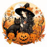 Halloween illustration of black cat and cute witch