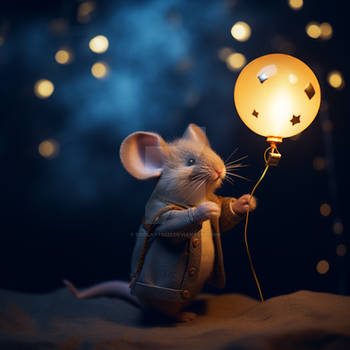 Mouse holding balloon. Starry night background