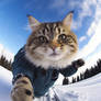 Selfie of Cat skiing on snowy mountain