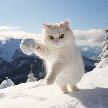 Photo of white cat throwing snowball at you