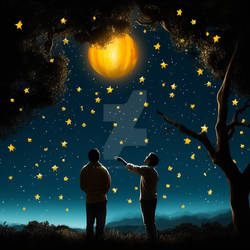 People looking at mango like at Moon. Night sky