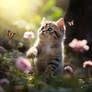 Kitten looking at butterflies. In summer forest