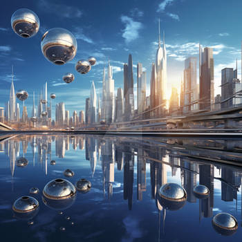 Futuristic cityscape, soaring spheres near water