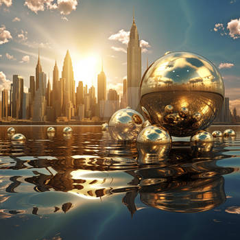 Metal spheres, water surface, cityscape at sunset