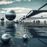 Abstract metal spheres above water surface