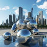 Huge metallic reflective spheres in urban city