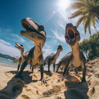 Selfie of group of dinosaurs on Caribbean beach