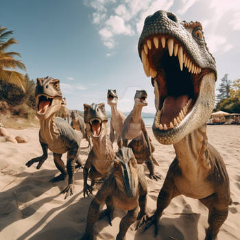 Selfie of group of dinosaurs on Caribbean beach