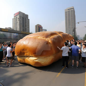 Crowd surrounded giant loaf of bread in street