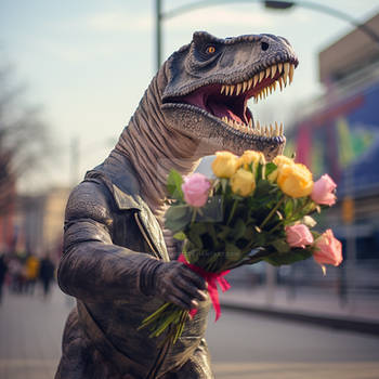 Tyrannosaurus holds roses bouquet, going on date