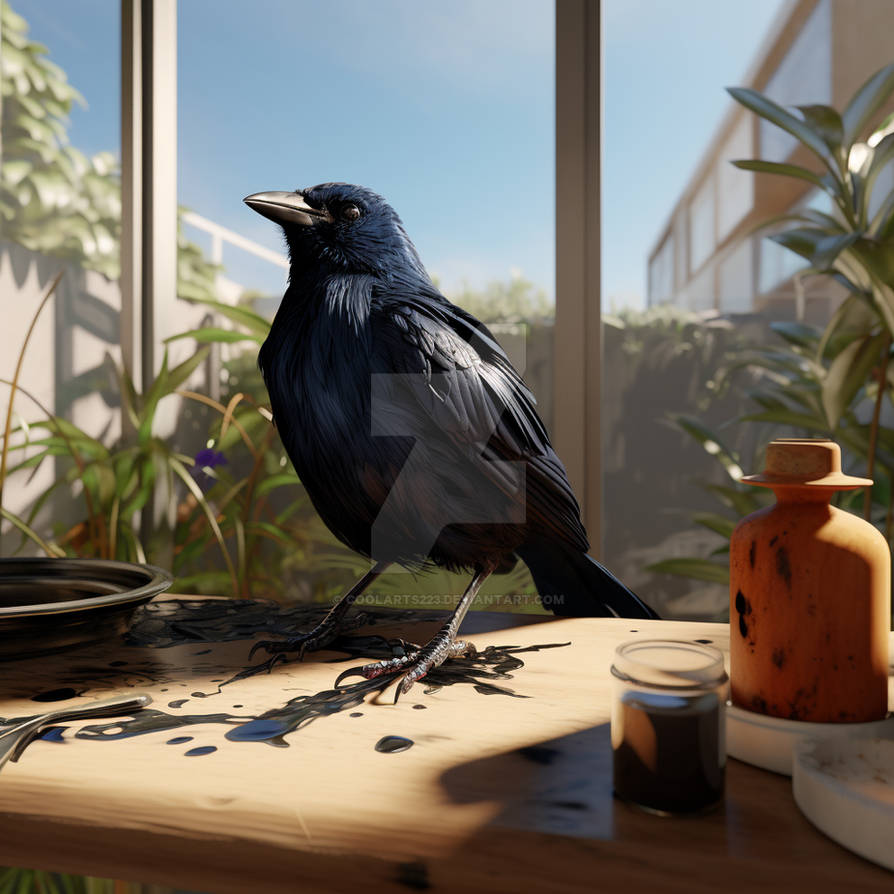 Raven Behind Window Ai artwork. Raven sits on table next to a window by Coolarts223 on ...