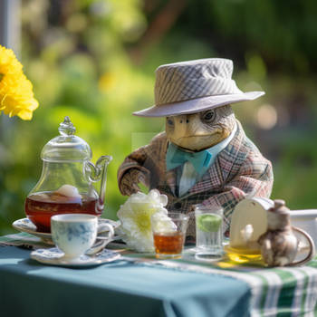 Turtle at the table. Summer tea party