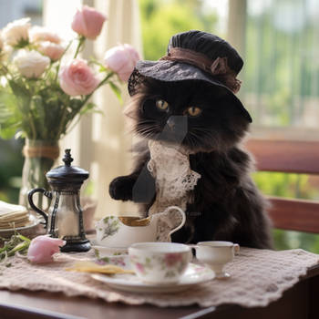 Fluffy black Cat at the table. Summer tea party